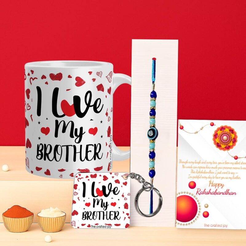 Custom Rakhi Mug Gift Set for Brother with Personalized Mug, Keychain, Rakhi & Greeting Card – The Crafted Joy