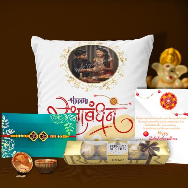 Personalized Rakhi gift for brother with photo cushion, Om rakhi, Ferrero Rocher chocolates and greeting card for brother.