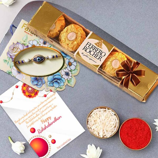 Chocolate Rakhi Gift for Brother with evil eye rakhi, Ferrero Rocher chocolates, greeting card and roli chawal