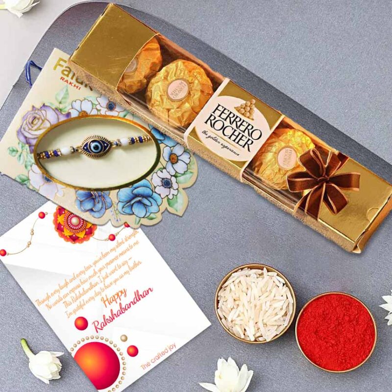 Chocolate Rakhi Gift for Brother with evil eye rakhi, Ferrero Rocher chocolates, greeting card and roli chawal