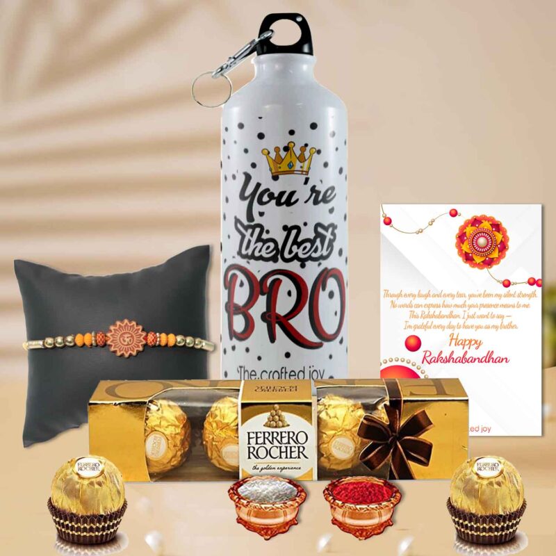 Best Brother Rakhi Gift Hamper with printed sipper bottle, Om rakhi, Ferrero Rocher chocolates, and Raksha Bandhan greeting card