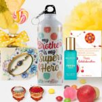 Unique Rakhi Gift Hamper for Brother with printed sipper bottle, Bellavita perfume, evil eye rakhi, card