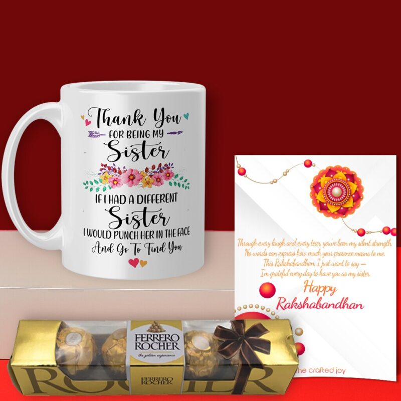 Rakshabandhan gift for sister with printed mug, greeting card, and Ferrero Rocher chocolates