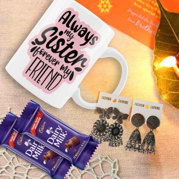 Rakhi gift combo for sister with printed mug, oxidised earrings, and Dairy Milk chocolates